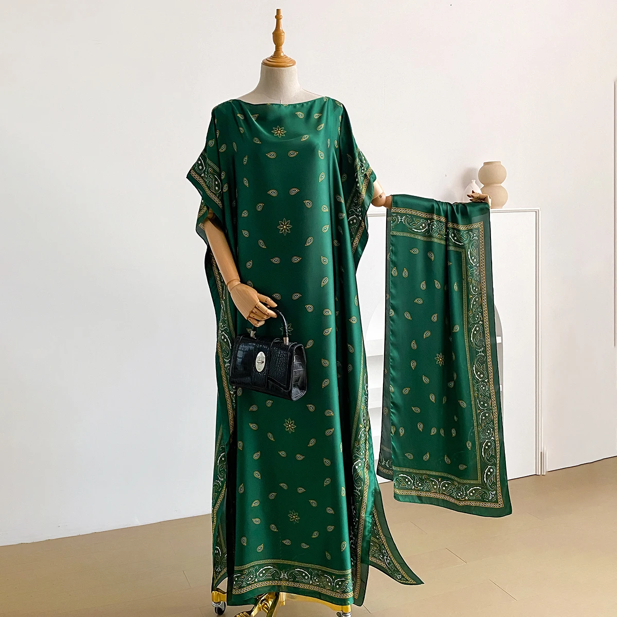 NEW Fashion Summer Print Dress With Big Scarf Dubai Turkey Kaftan Muslim Loose Abaya Women African Casual Paisley Shawl Robe