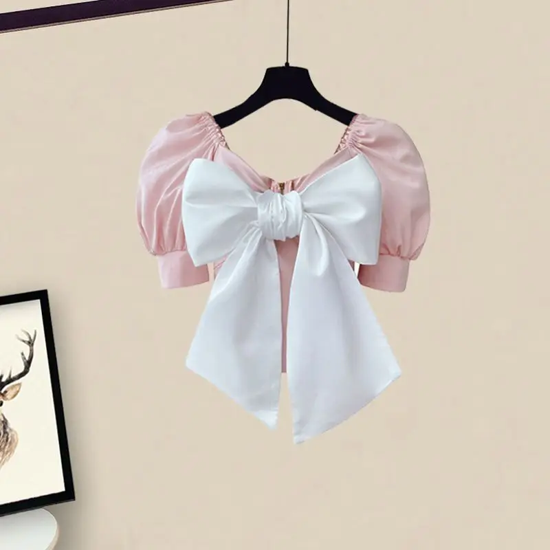 Summer Set Women's 2024 New Korean Edition Women's Fashion and Stylish Bow Shirt Waist Wrap Dress Two Piece Set