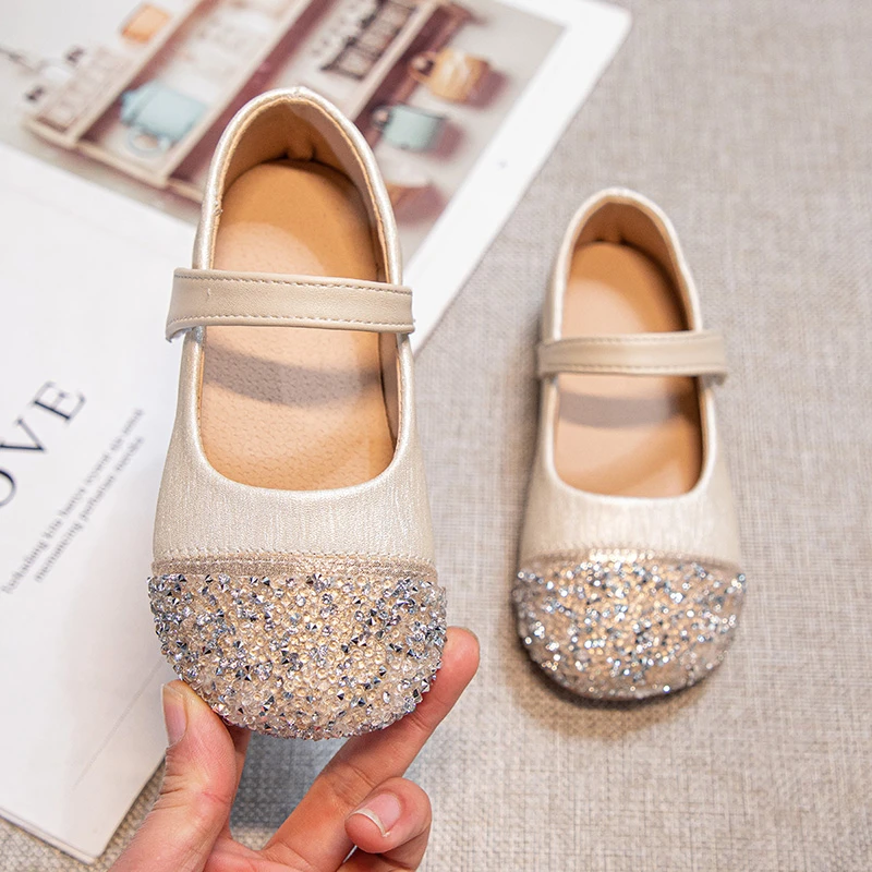 Spring Baby Girls Leather Shoes Children Birthday Party Rhinestone Crystal Princess Shoes Non-slip Soft Sole Kids Dance Shoes