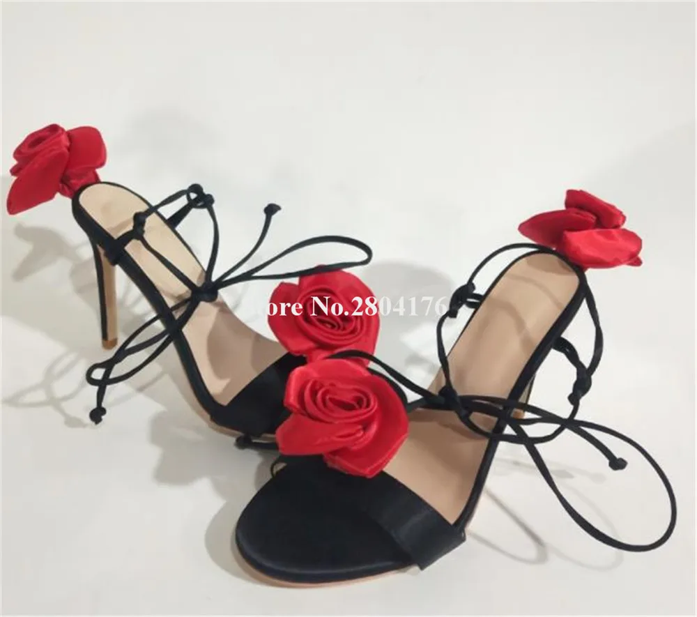 

Ladies Beautiful Flowers Decorated Thin Heel Sandals Red White Black Satin Lace-up Dress Shoes Wedding High Heels