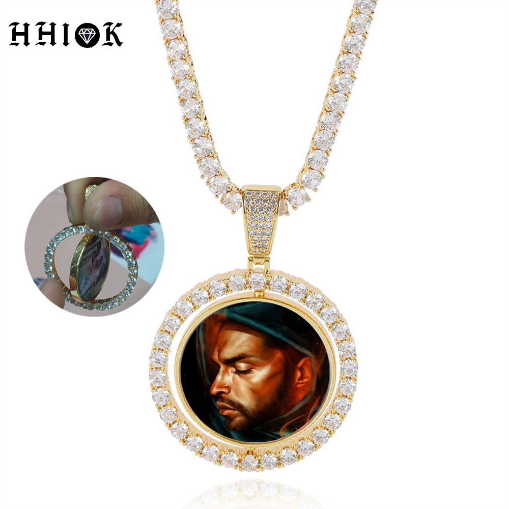 Hip Hop Double Side Round Rotating Memory Photo Custom Pendant Necklace Round Rotate Picture Zircon Iced Out Bling Necklace