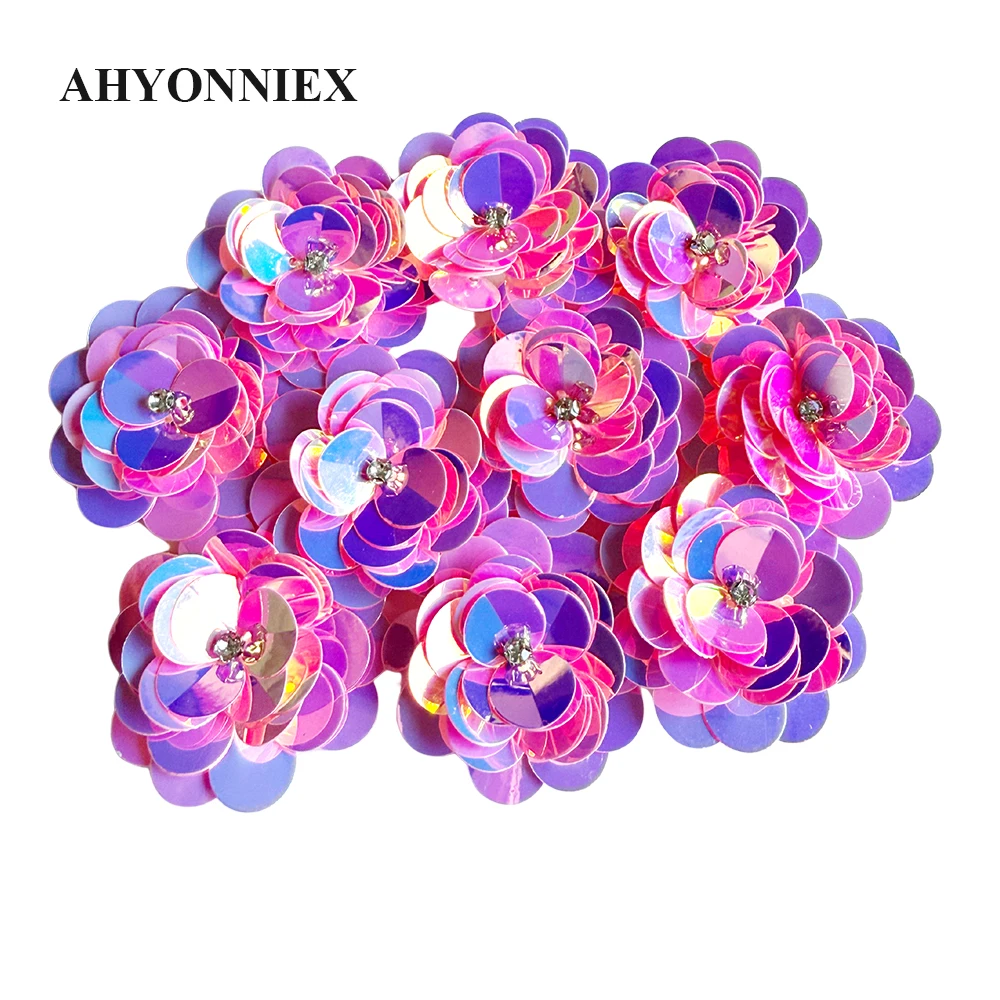 10pcs/Lot Fashion Shining Pink Sequins Flower Patches for Clothes Sew on Parch Badge Applique Embroidered Parches
