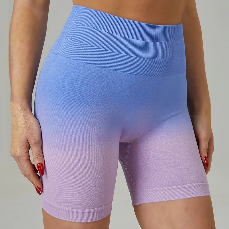 Gradient Colour Wide Waist Sports Shorts Women Slim Workout Running Yoga Shorts Seamless Push Up Tights