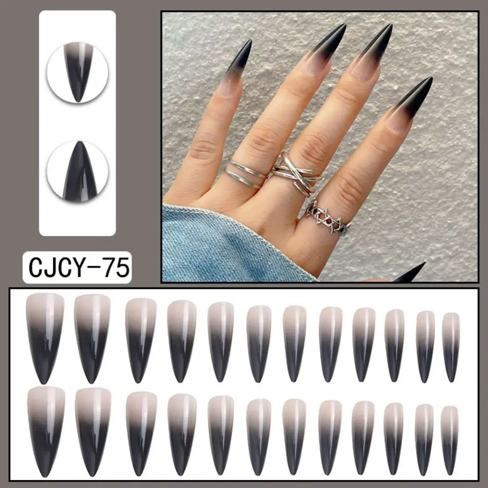 24pcs Nail Tips Gradient Black DIY Full Cover Long Stiletto Fake Nails French