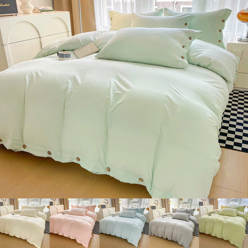New Arrival Washed Cotton solid color Bedding Set double size for bedroom guest room student three-piece bed sheet quilt cover 1