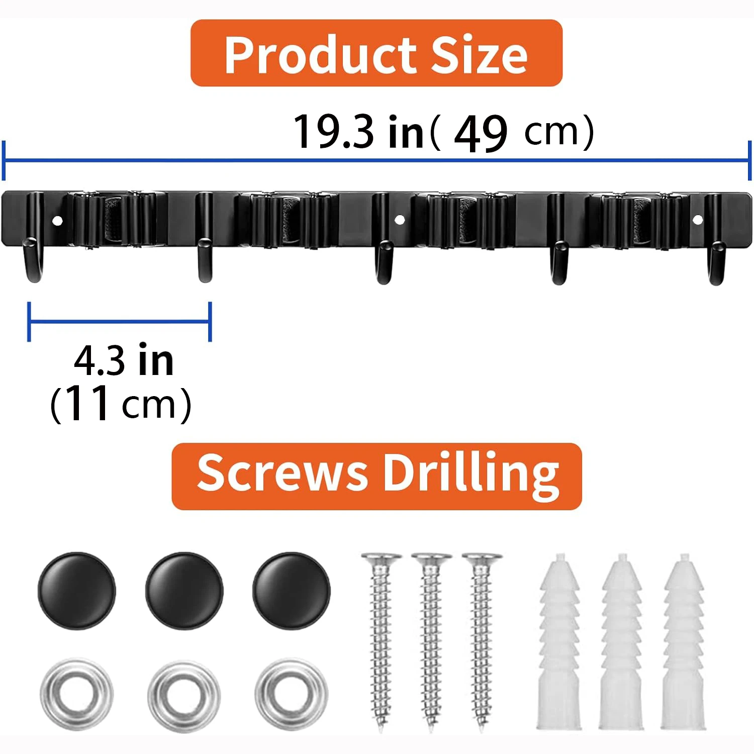1 Robuster Metall-Werkzeughalter mit 4 Schlitzen und 5 Haken - Wandmontierte Aufbewahrung für Gartenwerkzeuge, Besen, Mopps und Garagenausrüstung – Detail 2