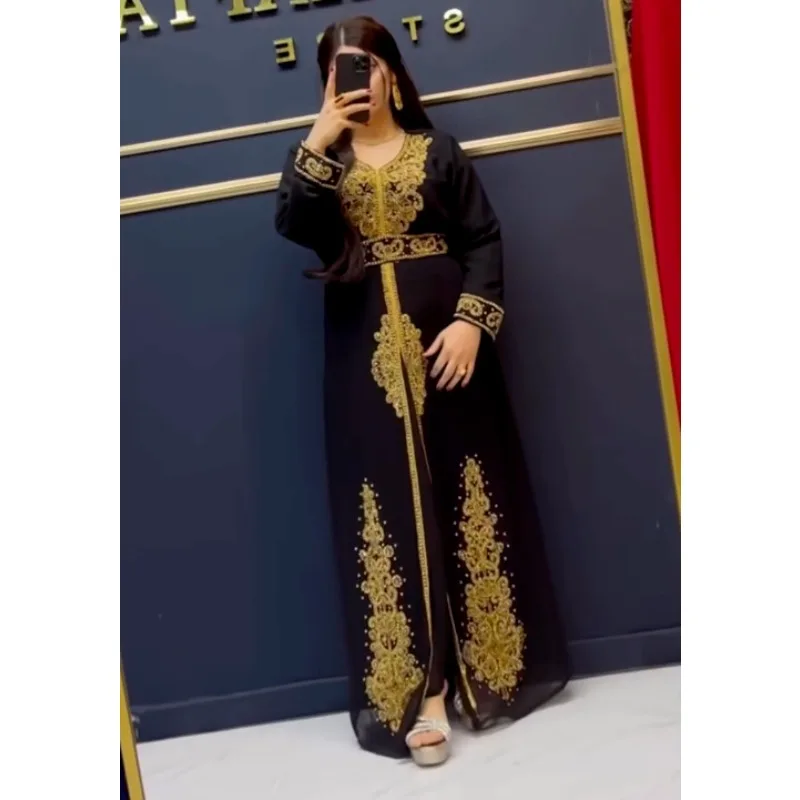 Abito Da Lavoro In Cristallo Caftano Dubai Marocchino Nero Abaya Abito Lungo Molto Fantasia