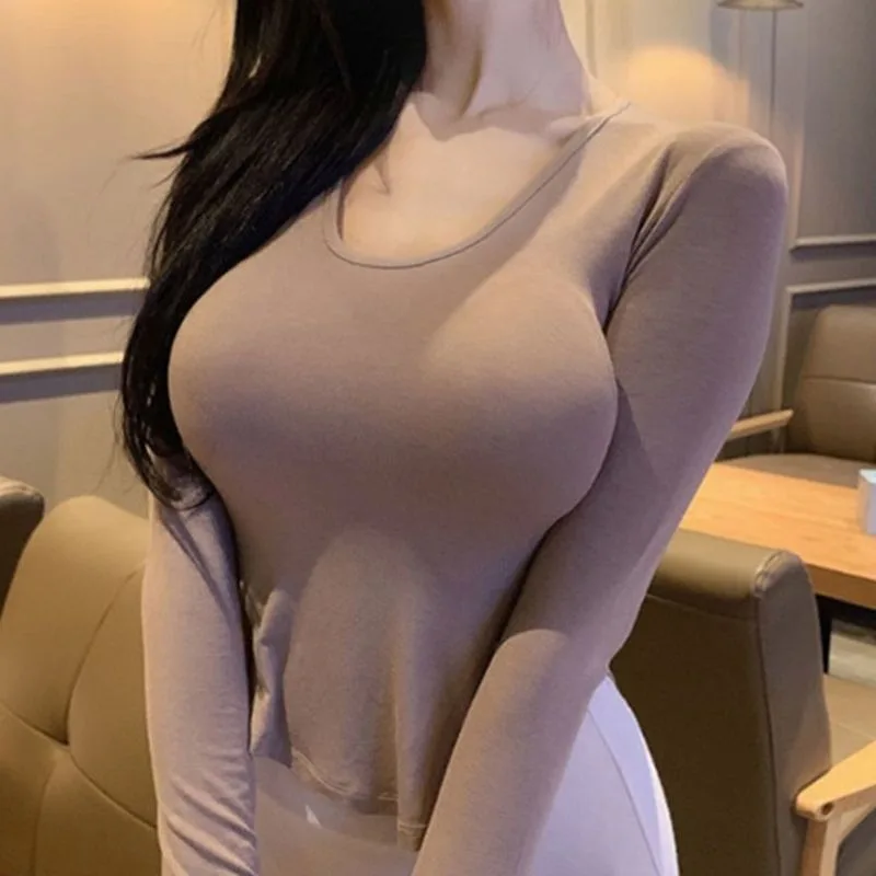 

Skinny Sexy T-shirts Women Korean Style Long Sleeve Hotsweet Solid Thin Fashion Casual Crops Feminino Elegant Popular Camisetas