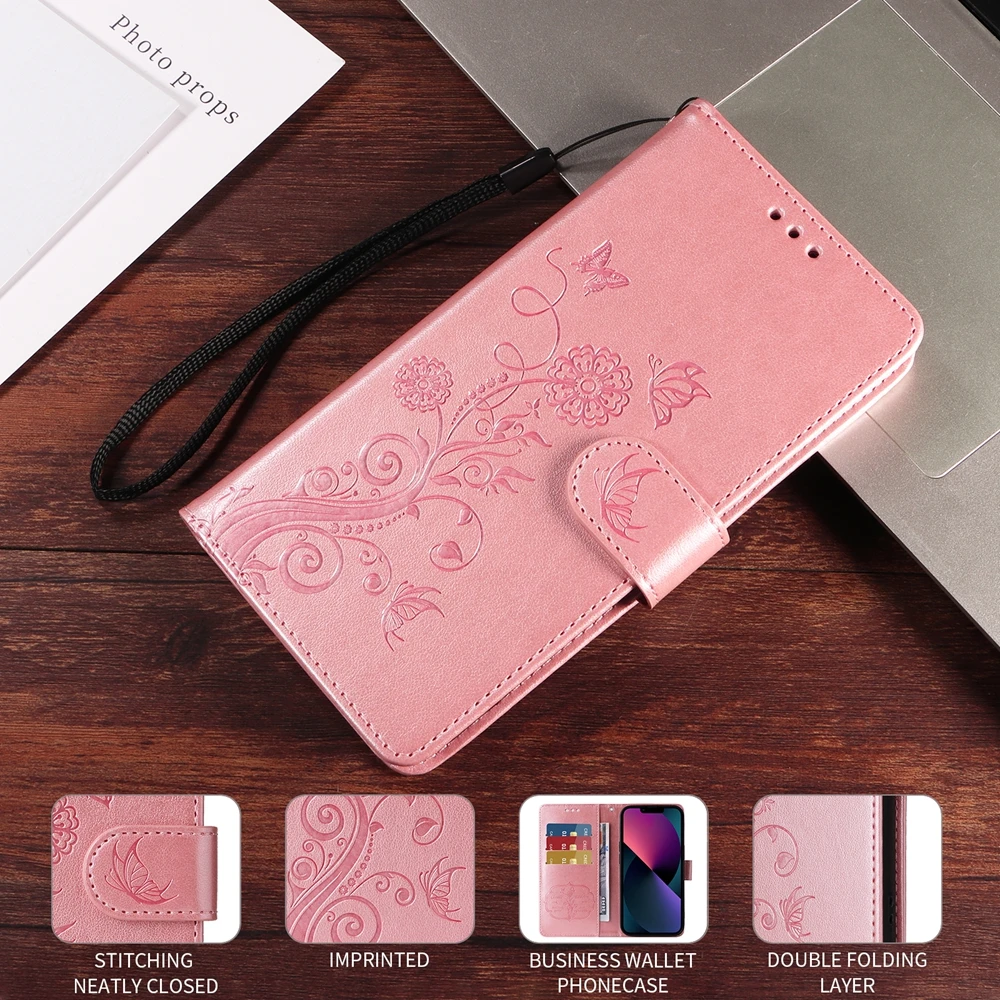 Embossed Butterfly Flower Magnetic Leather Wallet Phone Case Cover
