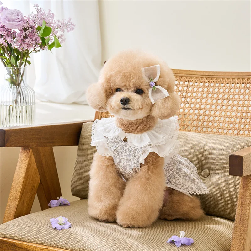 Spring and Summer Pet Clothes French Floral Dress Cute Small Dog Skirt Princess Bichon Frise Dog