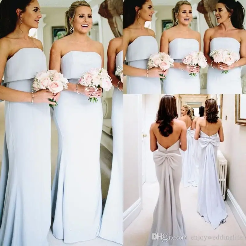 

2023 Strapless Satin Mermaid Long Bridesmaid Dress Sleeveless Backless Pleated Big bowknot Belt Wedding Guest Party Dresses