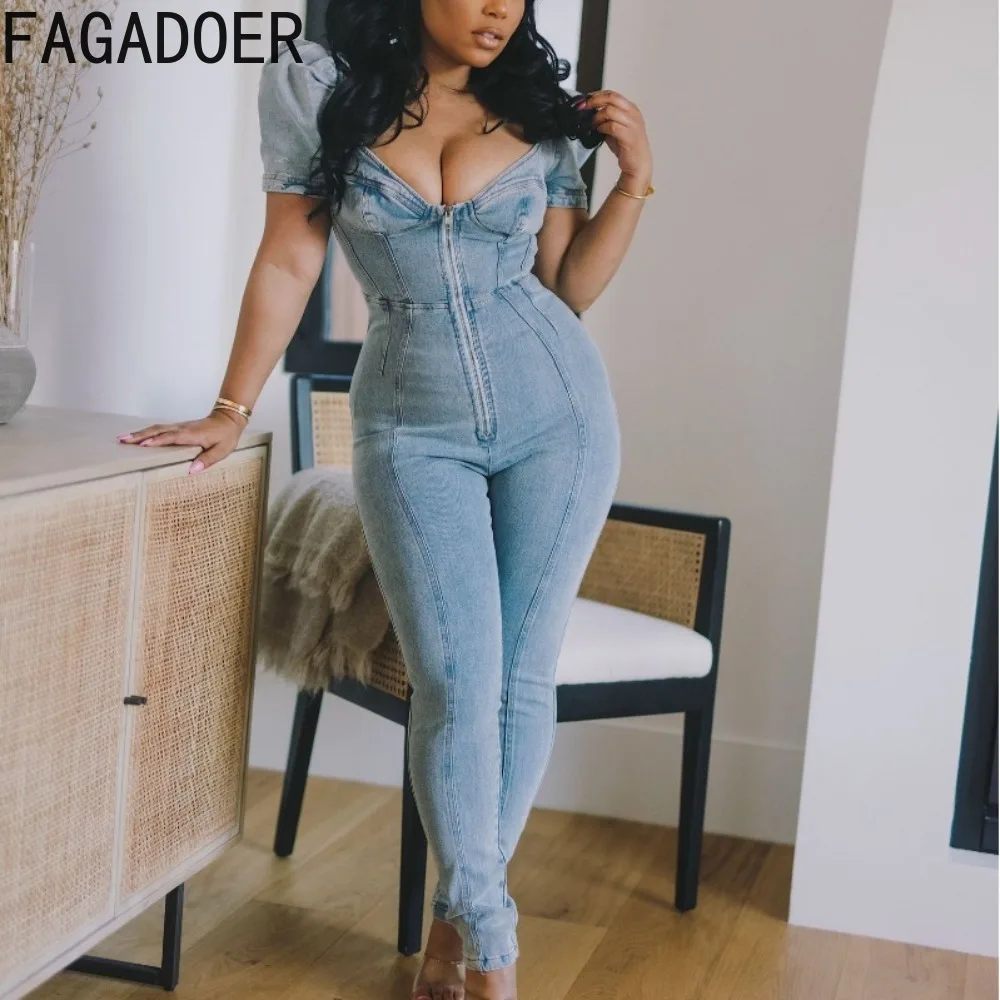 

FAGADOER Fashion Deep V Zipper Bodycon Denim Jumpsuits Women Puff Short Sleeve Slim Playsuits Female Solid Color Cowboy Overalls