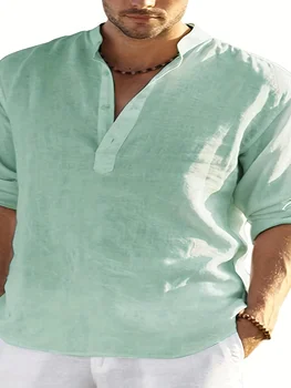 Men's Linen Stand Collar Long Sleeve T-Shirt Loose Fit; Solid Color Long Sleeve Cotton Linen Shirt 2