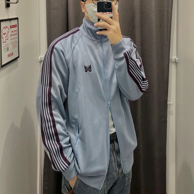 

NEEDLES 1:1 Butterfly Embroidery+Webbing Cotton Blue Jacket Track Stripe Men Women Oversize Lapel Collar Zipper Long Sleeve Coat
