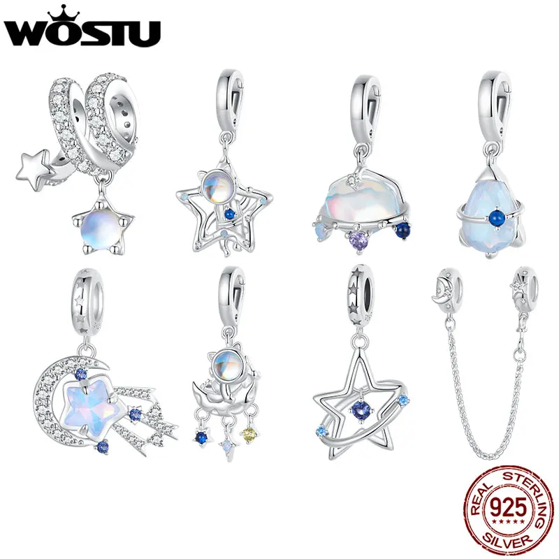 

WOSTU 925 Sterling Silver Rainbow Moonstone Star Astronaut Charms pendants Dreamy Star Beads Fit Original Bracelet DIY Necklace