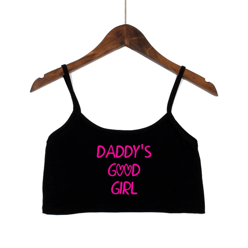 DADDYS GOOD GIRL 핑크 레터 프린트 크롭탑 여성용, 신축성 코튼 카미스, 민소매 짧은 탱크탑, 바 탑, 섹시한 여름