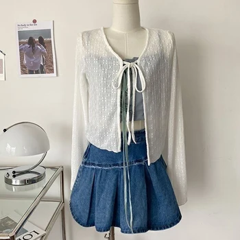 2024 White Tie Up Summer Cardigan Women Sexy Long Sleeve Sheer Mesh Crop Tops Woman Chic All Match Short Printed T Shirt Mujer 6
