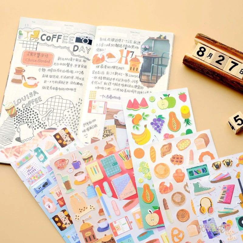 Aesthetic Bread Fruit Stickers Scrapbooking Journal Supplies Album Planner Notebook Decoration DIY Hobby Sticker