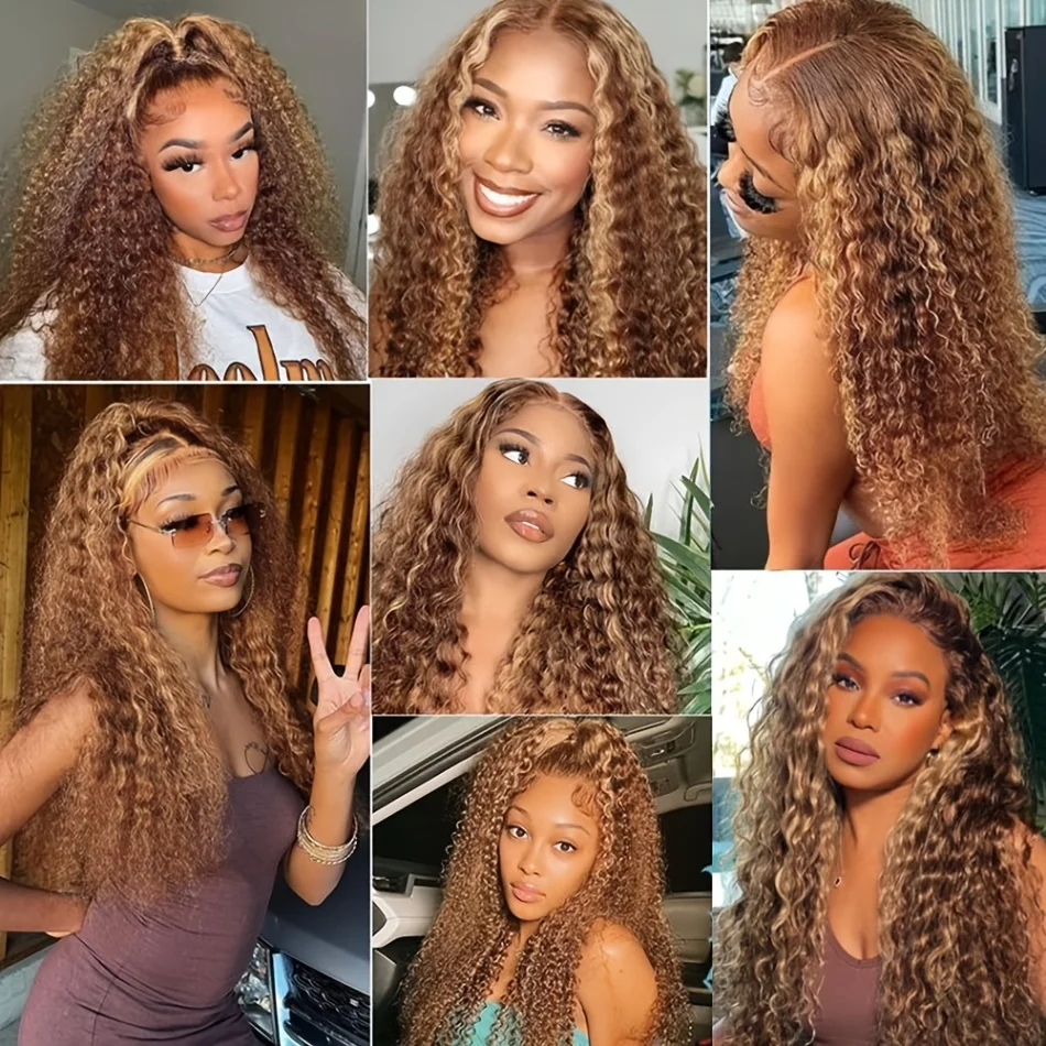 250% Density Highlight Deep Wave 13x6 Hd Lace Front Human Hair Wig Lace Frontal Wig 30 40 Inch Honey Blond Curly Lace Front Wigs