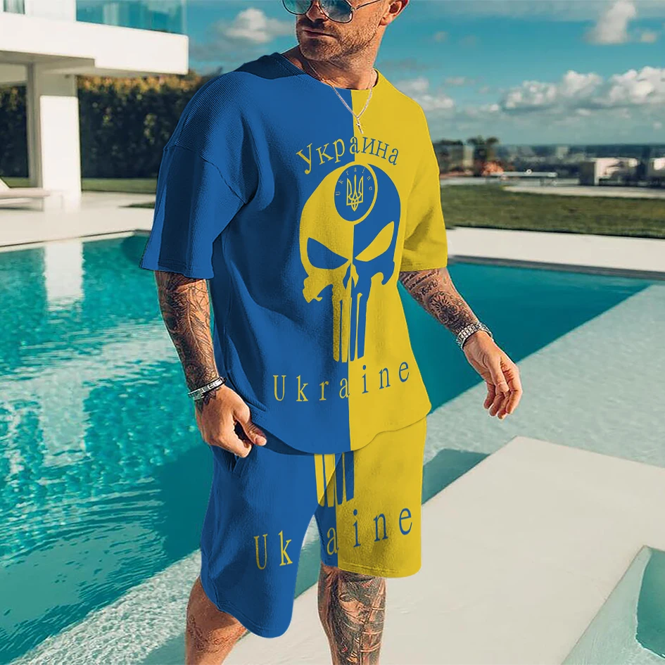 Summer Suit Men's Ukraine Flag 3D Printing Fashion Retro Personality Loose T-Shirt + Shorts Hip Hop Casual Jogging Two-piece Set