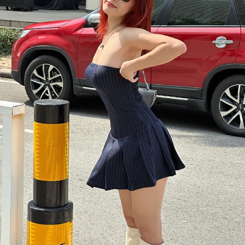 Strapless Mini Dress y2k Aesthetic Clothes Women Striped Pleated A Line Dress 2000s Cocktail Party Dresses Streetwear