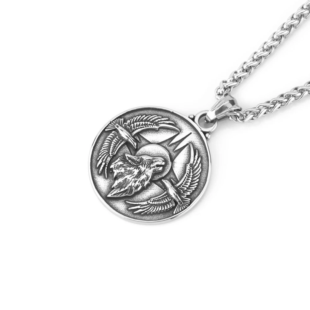 

CHUANGCHENG Vintage Viking Wolf Crow Style Punk Charm Stainless Steel Pendant Men's Necklace Chains