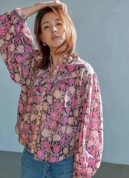 

New Fashion Round Neck Blouse Retro Flower Print Puff Sleeve Cover Up Top Women's Shirt 2023 Spring/Summer
