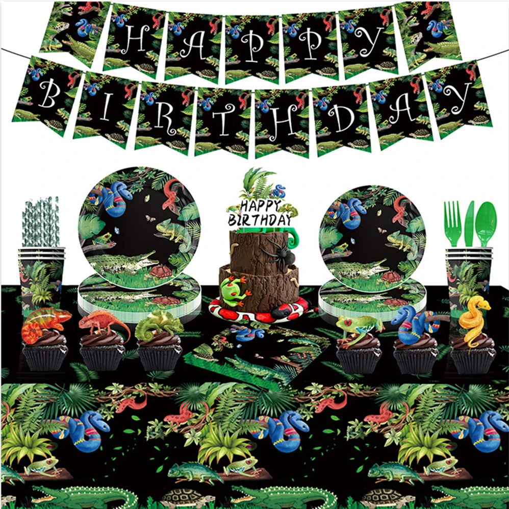 Reptiles Birthday Themed Decor Party Disposable Tableware Napkin Banner Tablecloth Backdrop Kid Balloon Baby Shower Products
