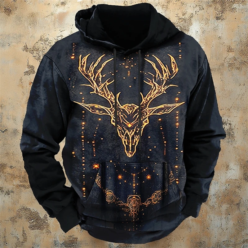 New 3D printed men's hooded sweatshirt, hooded sweatshirt, vintage sweater, deer pattern, stylish, dense forest, streetwear 3