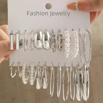 24 pçs vintage cor prata y2k brincos de pérola para mulheres geometria círculo redondo quadrado argola brinco conjunto moda feminina jóias 1