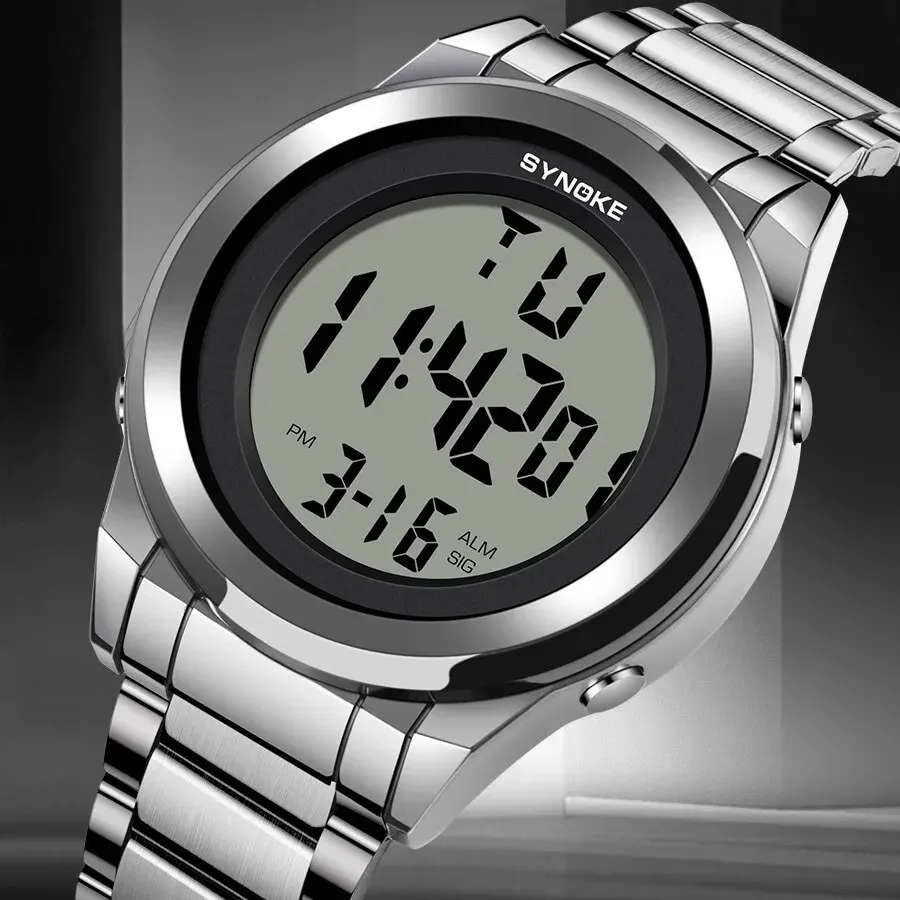 SYNOKE-Montre-bracelet numérique LED en acier inoxydable pour homme, alarme, étanche, marque supérieure, luxe, mode