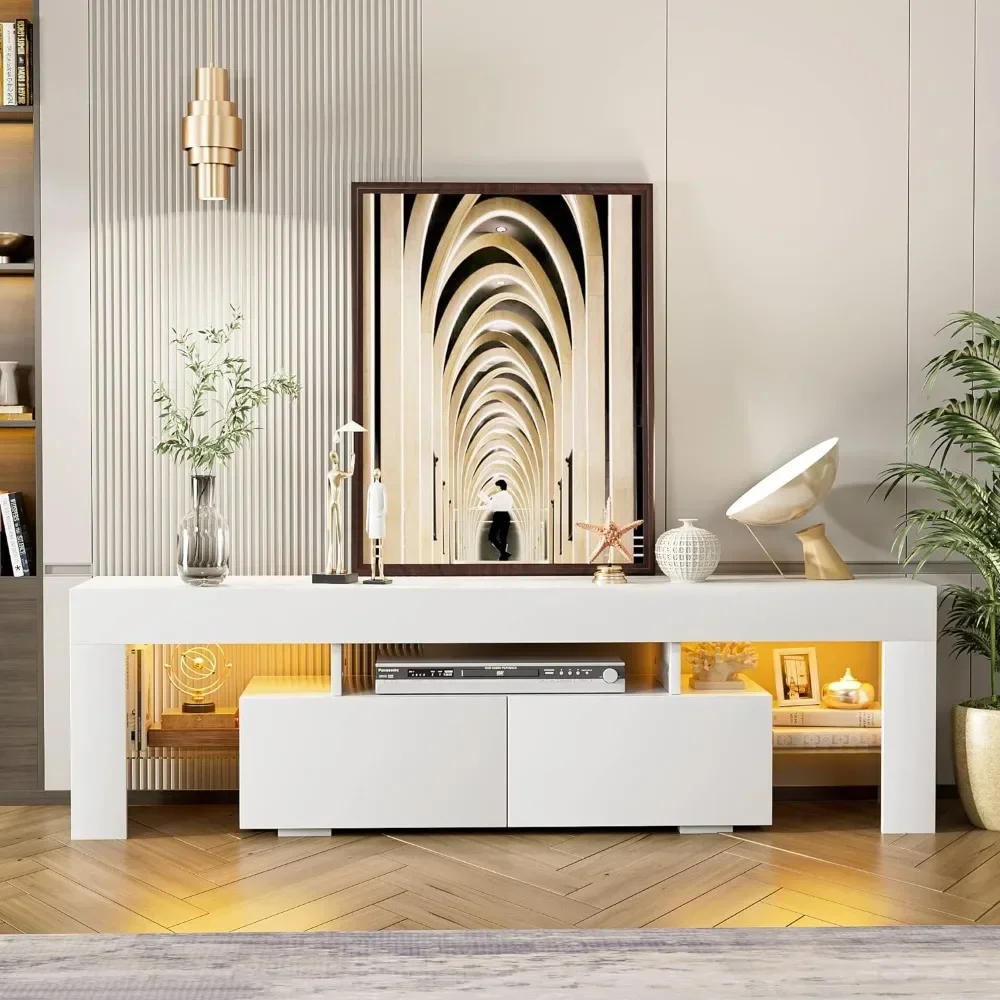 Media TV Console Table TV Stand with LED Lights Modern Entertainment Center Media and Open Shelf Console Table Storage Desk TV Stand
