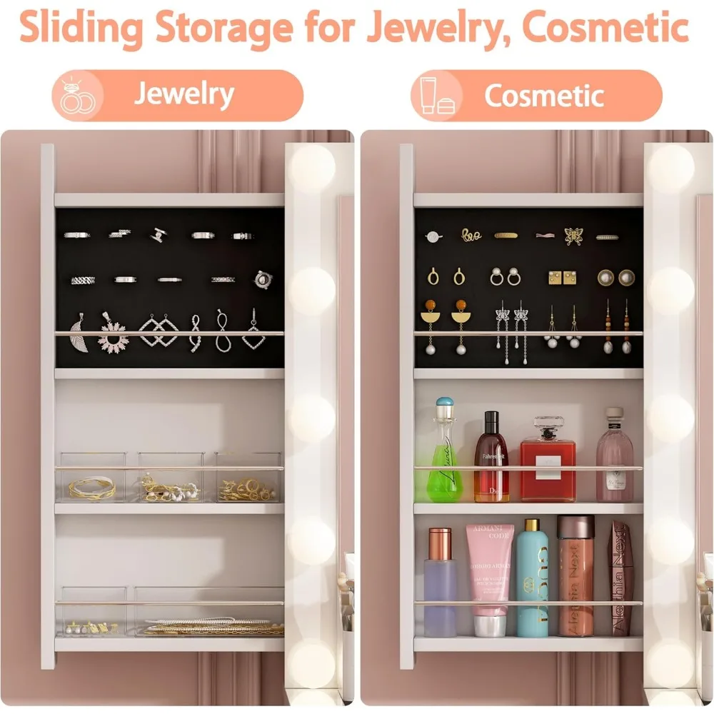 Vanity Desk with Power Outlet, Makeup Vanity with Mirror and 14 LED Light, 3 Lighting Modes,11 Drawer Vanity Table with Sl 5