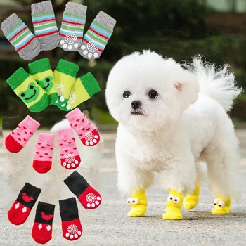 4pcs/set Dog Socks Cute Pattern Foot Covers Warm Anti Slip Shoes Puppy Paw Protector Christmas Gift for Puppy Cat Dogs