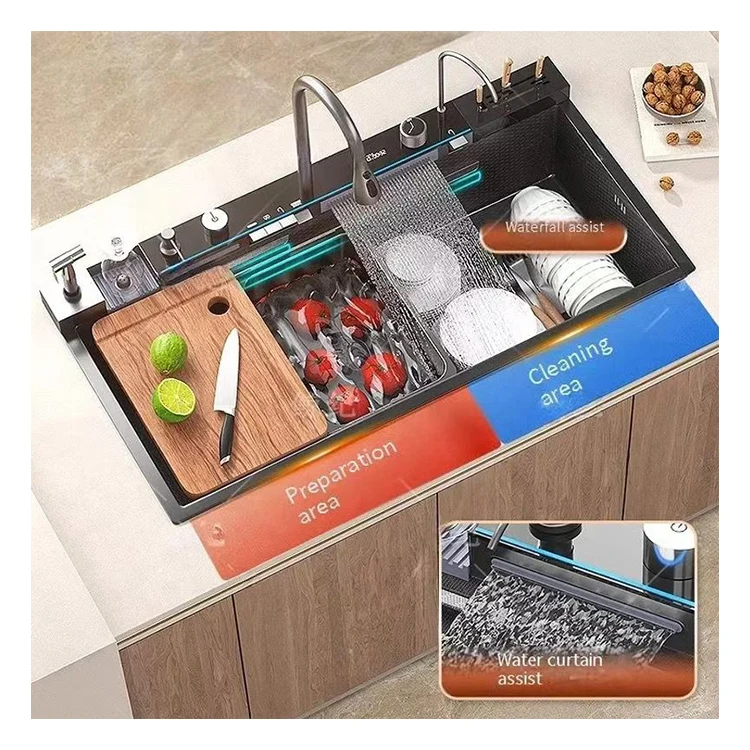 New Product Multifunctional Black Kitchen Sink 304 Smart Stainless Steel Large Sink Hotel Kitchen Handmade Stainless Steel Sinks