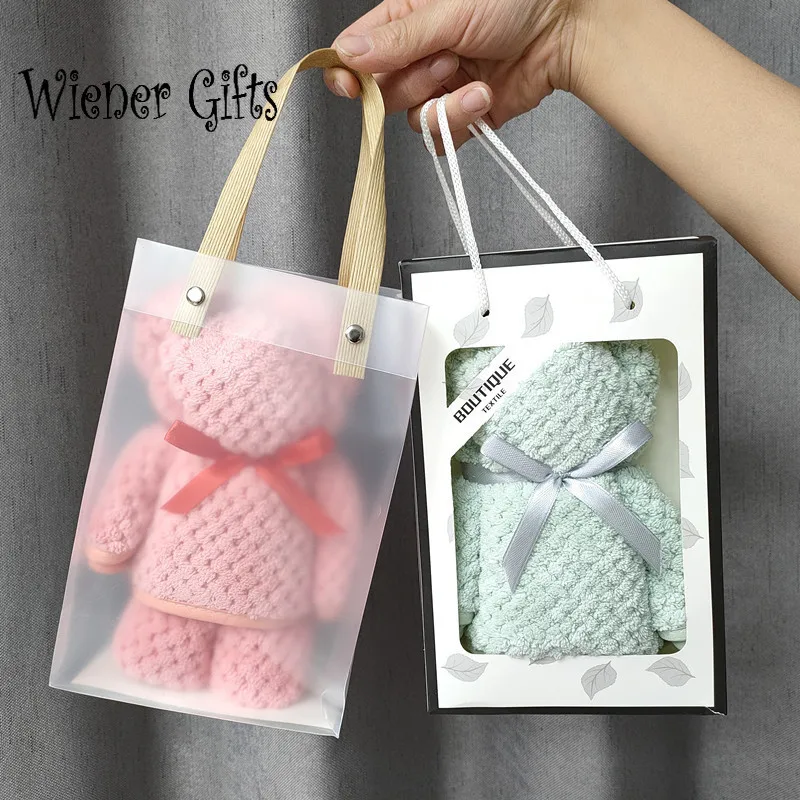 75x35cm Coral Velvet Fleece Bear Hand Towel With Bag Absorbent Face Wedding Business Holiday Gifts Bathroom