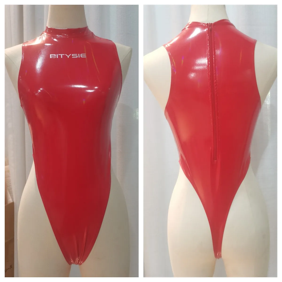 Bitysie Enamel T-Shaped Japanese One-Piece Thong High Leg Cut Leotard Seductive Swimwear Competitive Rubberized Wat High Neck