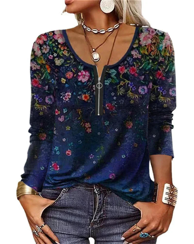 

Women's Tops Autumn New Printed Ethnic Style Long Sleeved T-shirt Women Fashion Loose V-neck Zipper Pullover Tops Lady