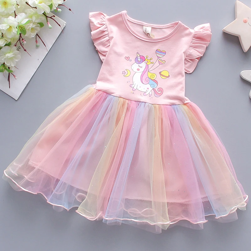 

2024 New Girls Clothes Summer Princess Dresses Short Sleeve Cotton Kids Dress Unicorn Party Girls Dresses Children Clothing 3-8Y