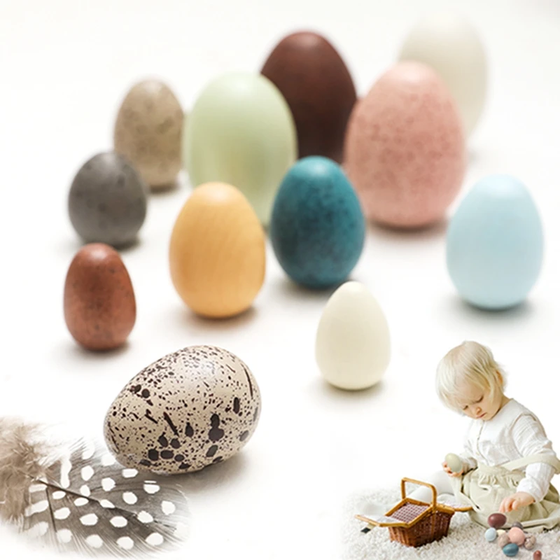 1Set Wooden Color Artificial Egg Toys Easter Eggs Handmade DIY Egg Easter Party Decorations Creative Building Blocks Place Toys 6