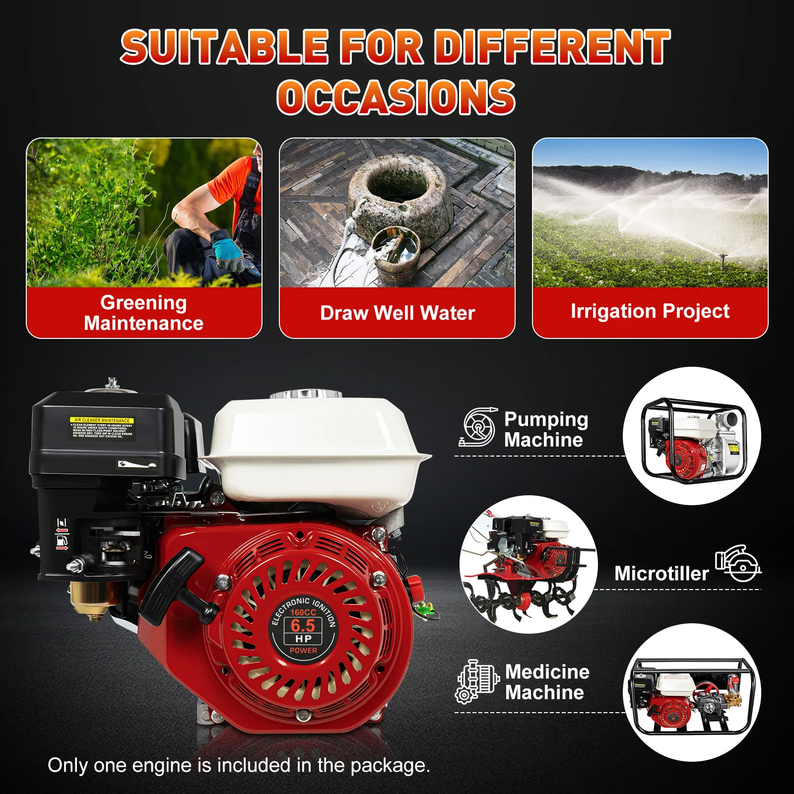 Gas Engine160cc 6.5HP Pull Start Strong Power Low Fuel Consumption Air Cooled