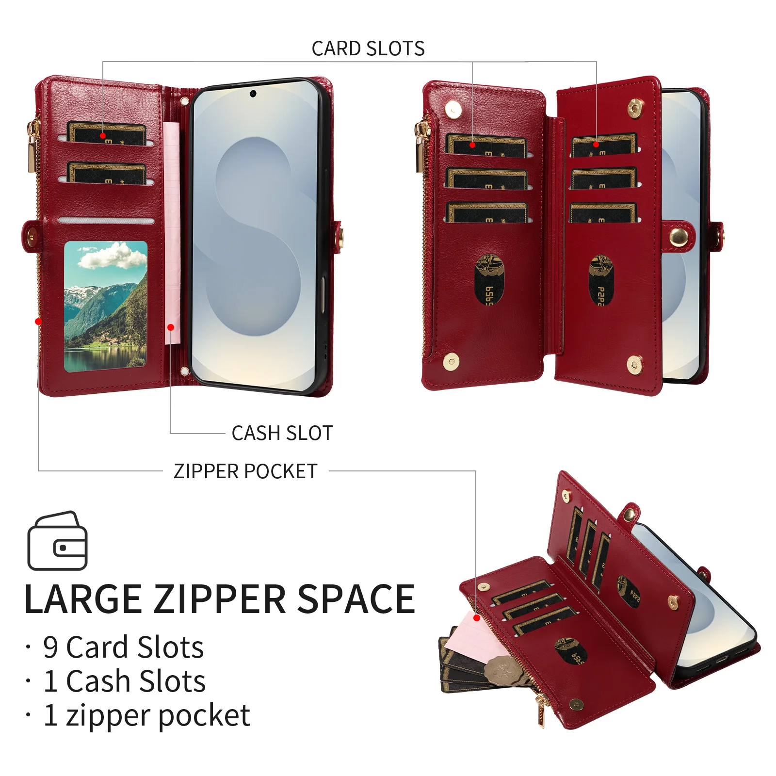 Stylish Embossed Flip Zipper Wallet Case with Cross-Shoulder Strap, Coin and Card Slots, Faux Leather Cover