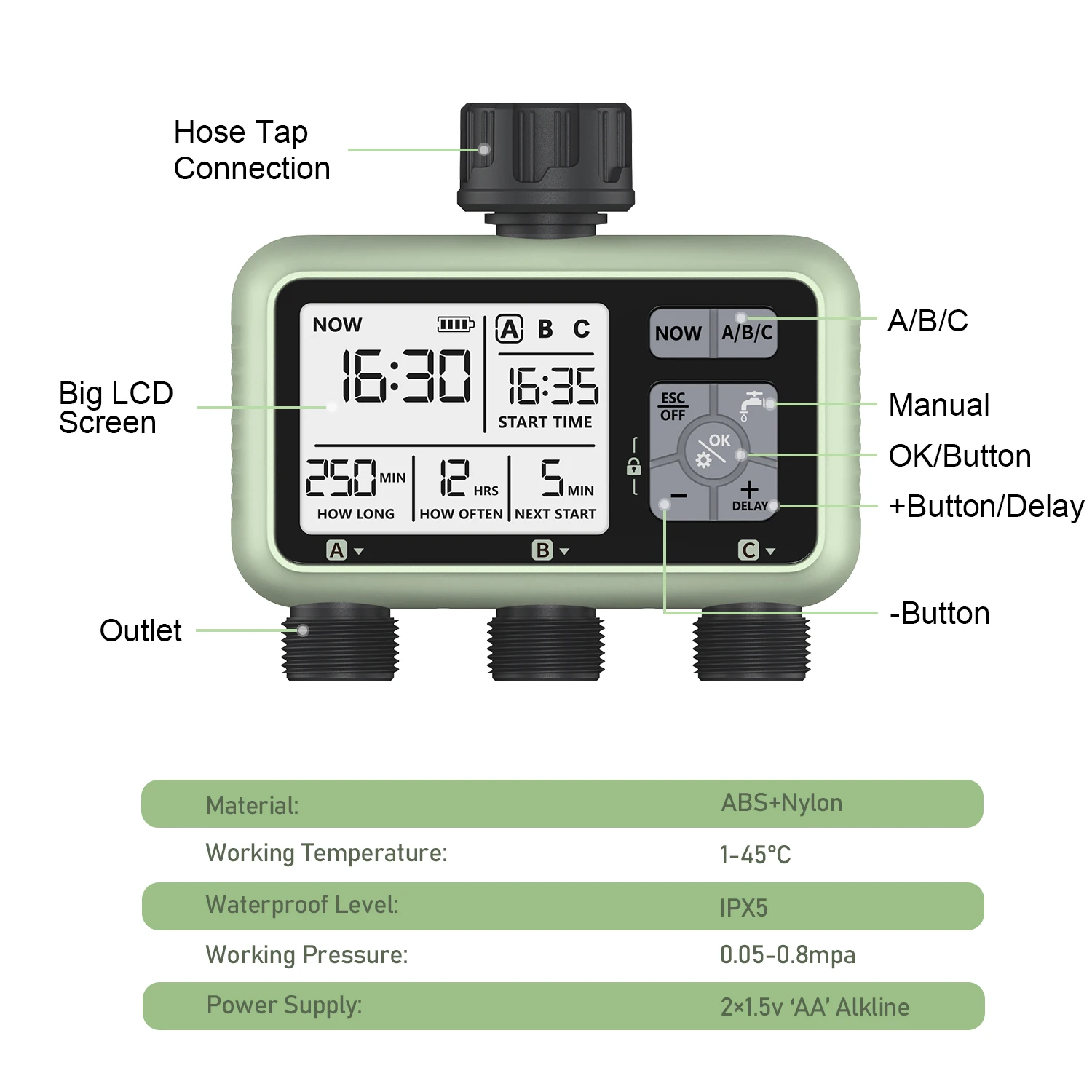 Eshico Newest 2024 3-Outlet Water Timer Independent Control Program Digital Garden Sprinkler