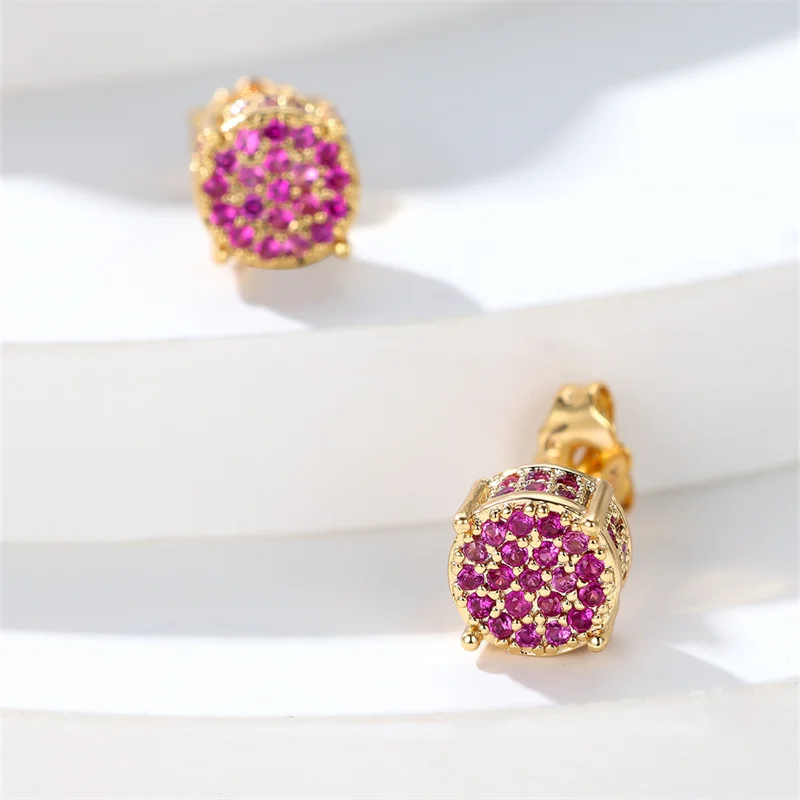Luxury Female Red Stone Stud Earrings Gold Color Zircon Stone Jewelry For Women Charm Crystal Wedding Earring