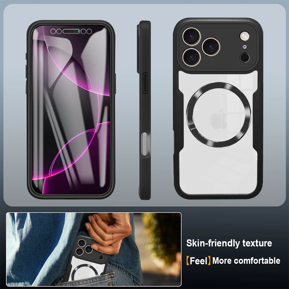 Magnetic 360° Clear Full-Body Shockproof Phone Case with Silicone Bumper