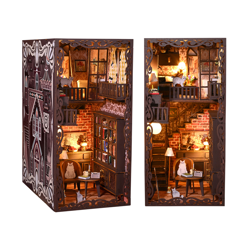DIY Book Nook Kit Wooden Doll House 3D Puzzle Assembly Model Bookend Toys Bookshelf Insert Decor With LED Birthday Xmas Gifts