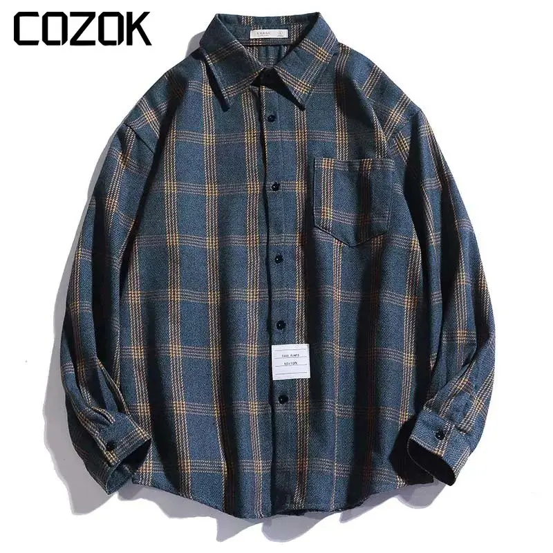 

Harajuku Plaid Shirt Men Korean Flannel Checked Shirt High Quality Spring New Oversize Streetwear Casual Black Retro Blouses