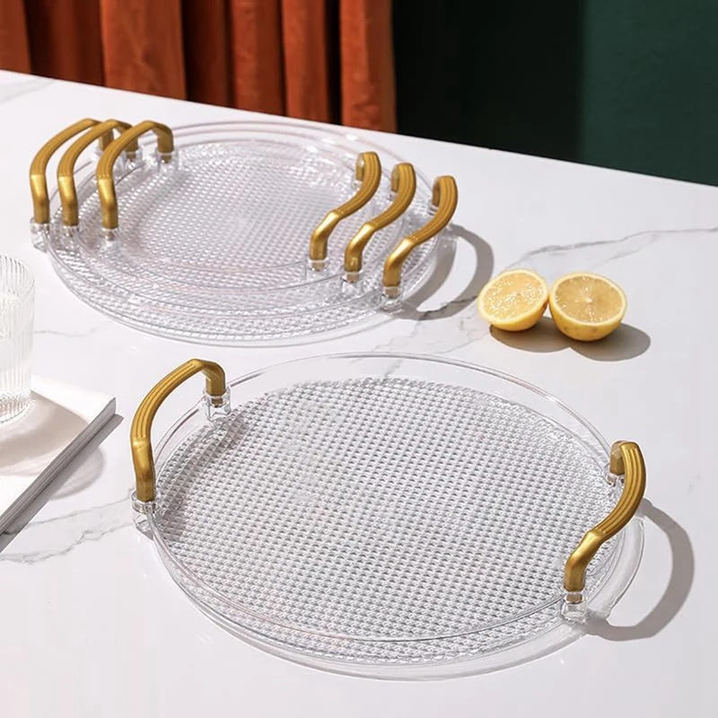 Acrylic Clear Round Serving Tray Bathroom Vanity Tray Decorative Tray With Golden Handle For Coffee Table Office 4