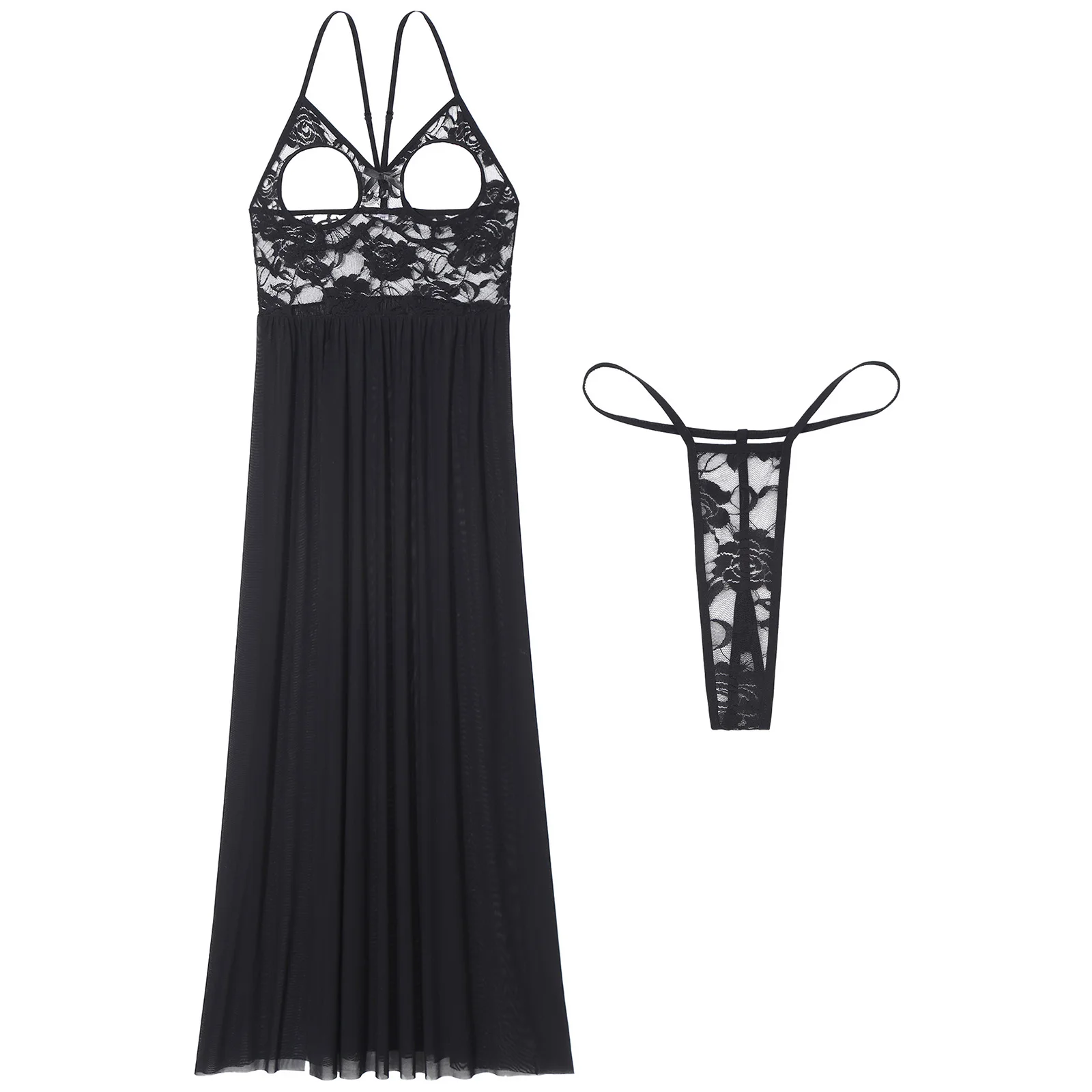 thumbnail image 1 of Lencería para mujer, vestido tentador transparente y espalda en T, ropa de dormir de 2 piezas, copa abierta, vestido de malla de encaje con abertura alta, camisón, 1 of 5