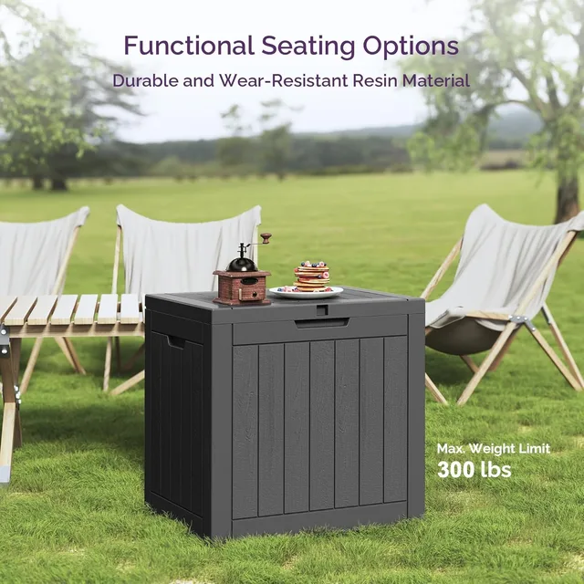 Lockable Storage Box, Weather-Resistant Outdoor Storage Bin, 30-Gallon Faux Plank Driftwood